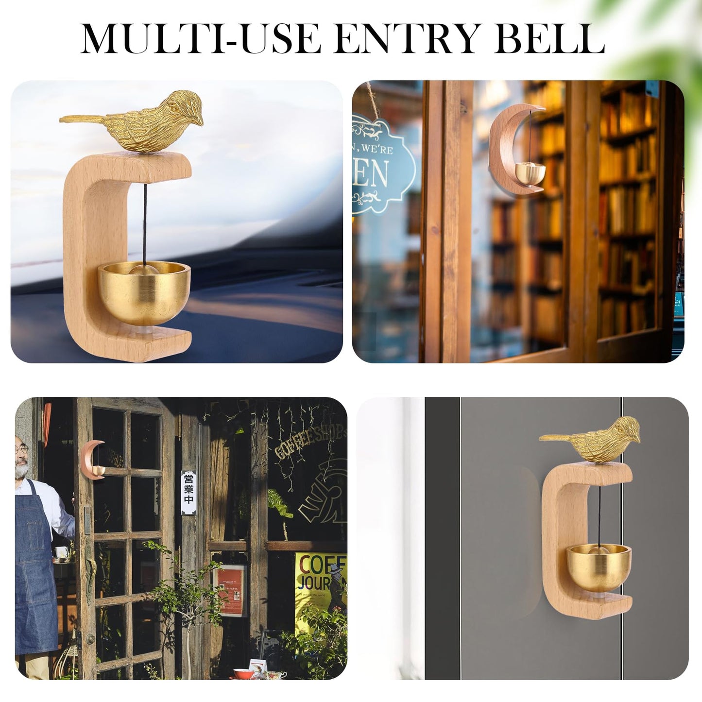 Magnetic Brass Bell for Door Opening (Beech Wood Prosperity Bird Door Chime)