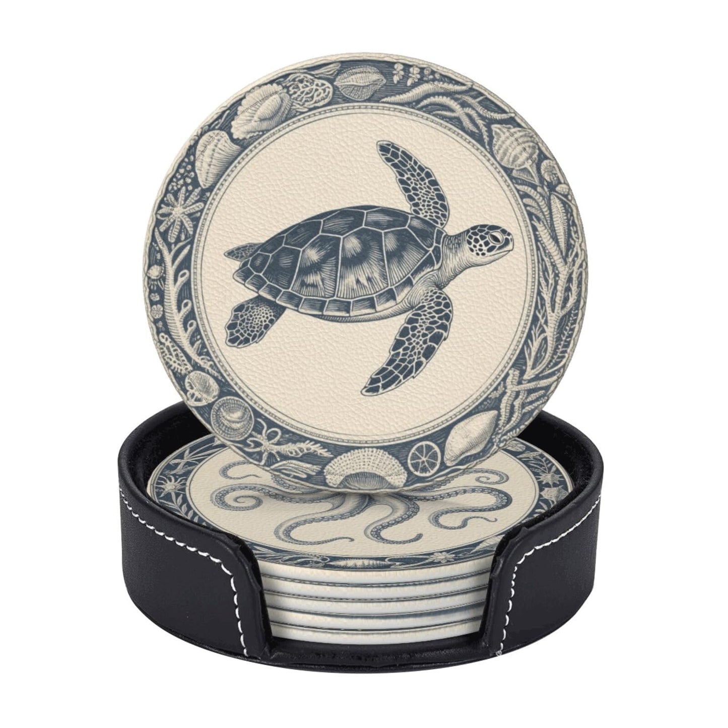 6 Pcs Nautical Ocean Drink Coasters with Holder Coasters for Drinks Coffee Table Home Decor Housewarming Gift