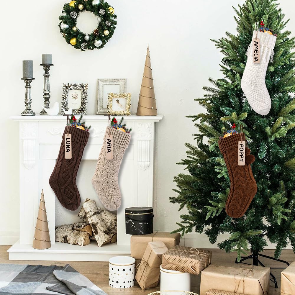 Teeanzo 4 Pack 18 Inches Christmas Knitted Hanging Stockings, Xmas Large Farmhouse Rustic Neutral Cable Knit Personal Stockings Decorations for Christmas Tree Fireplace Family Holiday Party Decor
