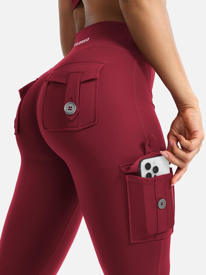 YEOREO CoreFlex Women Workout Flare Leggings with Pockets Hidden Scrunch Cargo Gym Yoga No Front Seam Leggings Wine XS
