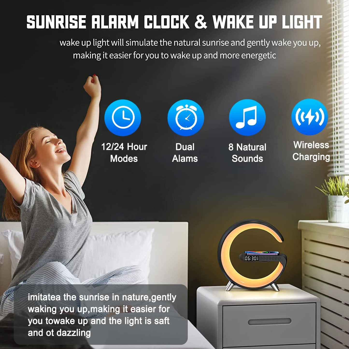 4 In 1 Smart LED Table Lamp, Alarm Clock, Wireless Charger, Night Light, Bluetooth Speaker with App Control, Bedside Lamp for Bedroom, Office, Home Decor, Family, Girls Boys Birthday Festival Gifts