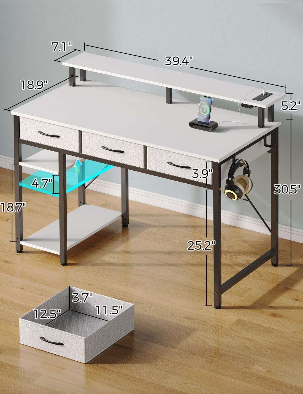 Rolanstar Computer Desk with Power Outlets & LED Light, 39 inch Home Office Desk with 3 Drawers and Storage Shelves, Writing Desk with Monitor Stand, Work Desk for Home Office,White