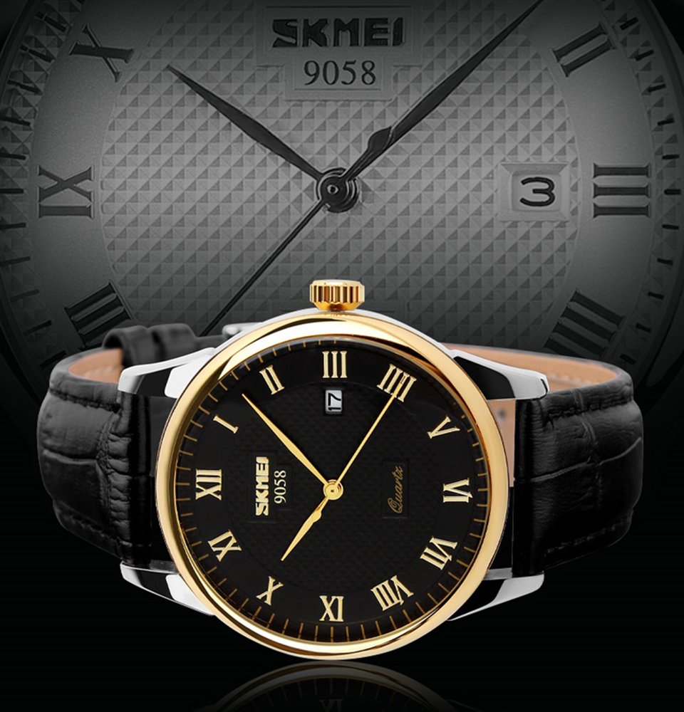 SKMEI Business Men’s Quartz Wristwatches Leather Band Roman Numeral Casual Analog Watches Water Resist (Black+Gold)