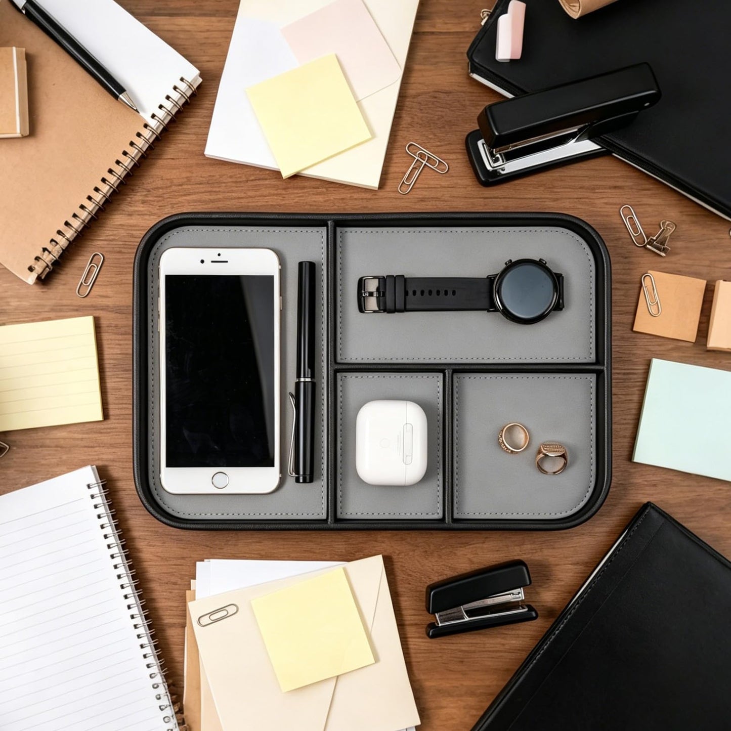 Valet Tray for Men 12 X 8 inch, 4-Compartment PU Leather Tray to Organize Keys, Earphones, Phones, Wallets and Watches for Nightstand Entranceway Dressing Table, Cloakroom&Drawers(Black Frame)