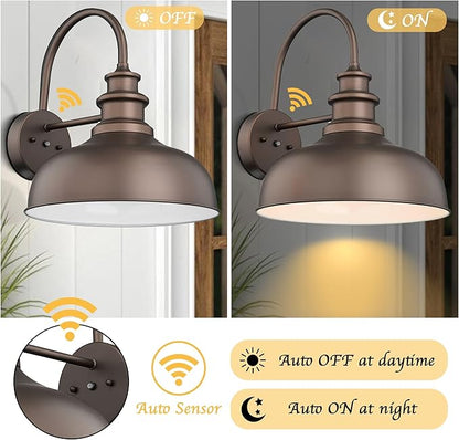 Bestshared 14 Inch Dome Dusk to Dawn Sensor Gooseneck Barn Lights Farmhouse Outdoor Wall Sconce Industrial Outdoor Wall Lights Exterior Lighting Fixture for Front Door, Entryway (ORB+White, 14"-1Pack)