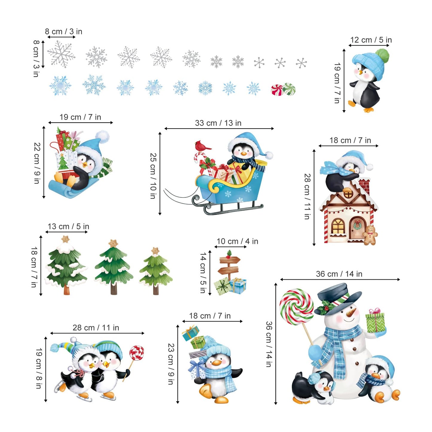 Wondever Penguins Christmas Wall Stickers - Snowman, Pine Tree, Snowflakes, Window Art Decals for Xmas Party