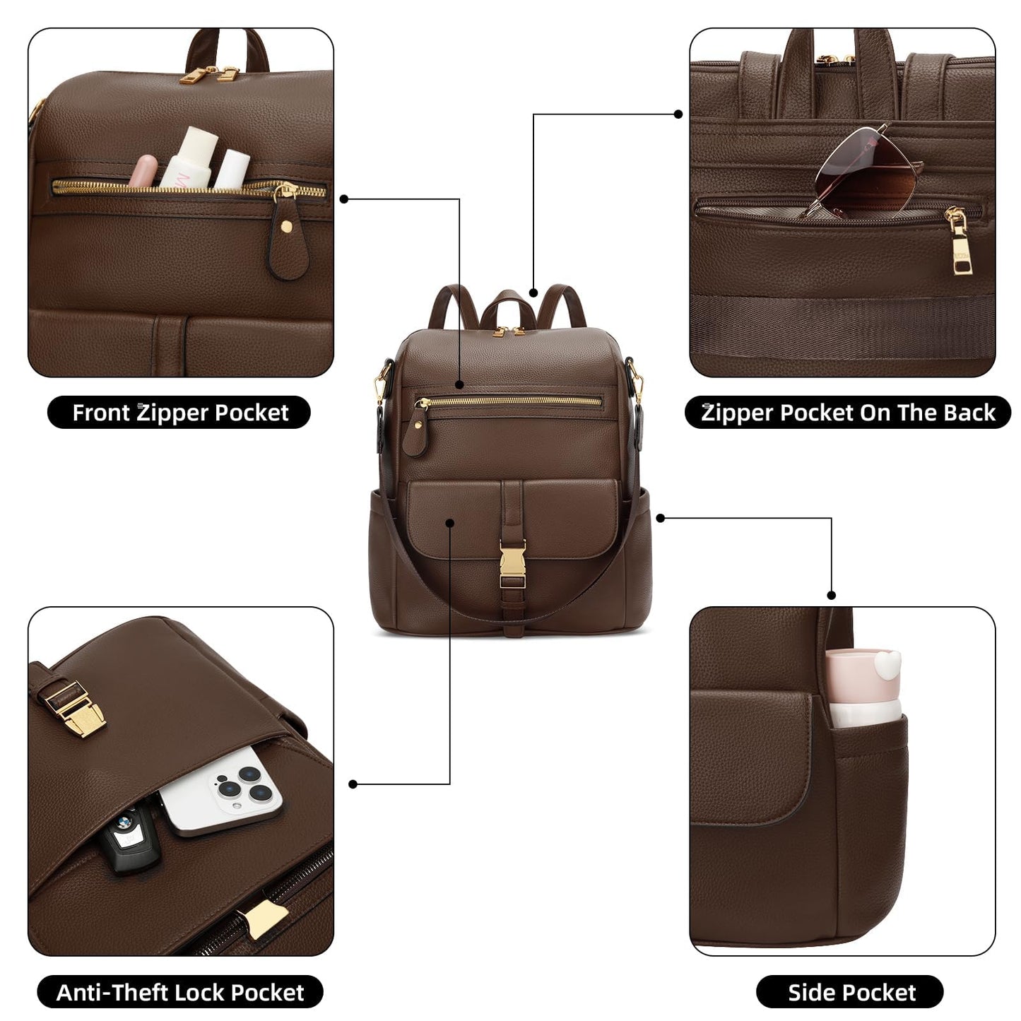 KKXIU Backpack Purse for Women - PU Leather Ladies Backpack for Daily with Anti-Theft Lock Pocket, Small Daypack with Luggage Strap & Water Bottle Pockets (Coffee)