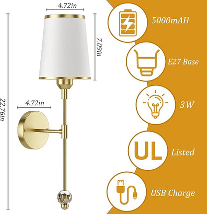 PAIHOME Gold Battery Operated Wall Sconce Set of Two, Rechargeable Wireless Sconces with 5000mAh, 15 Colors Remote Control Dimmable Wall Sconce for Bedroom Living Room Bathroom Hallway Wall Decor