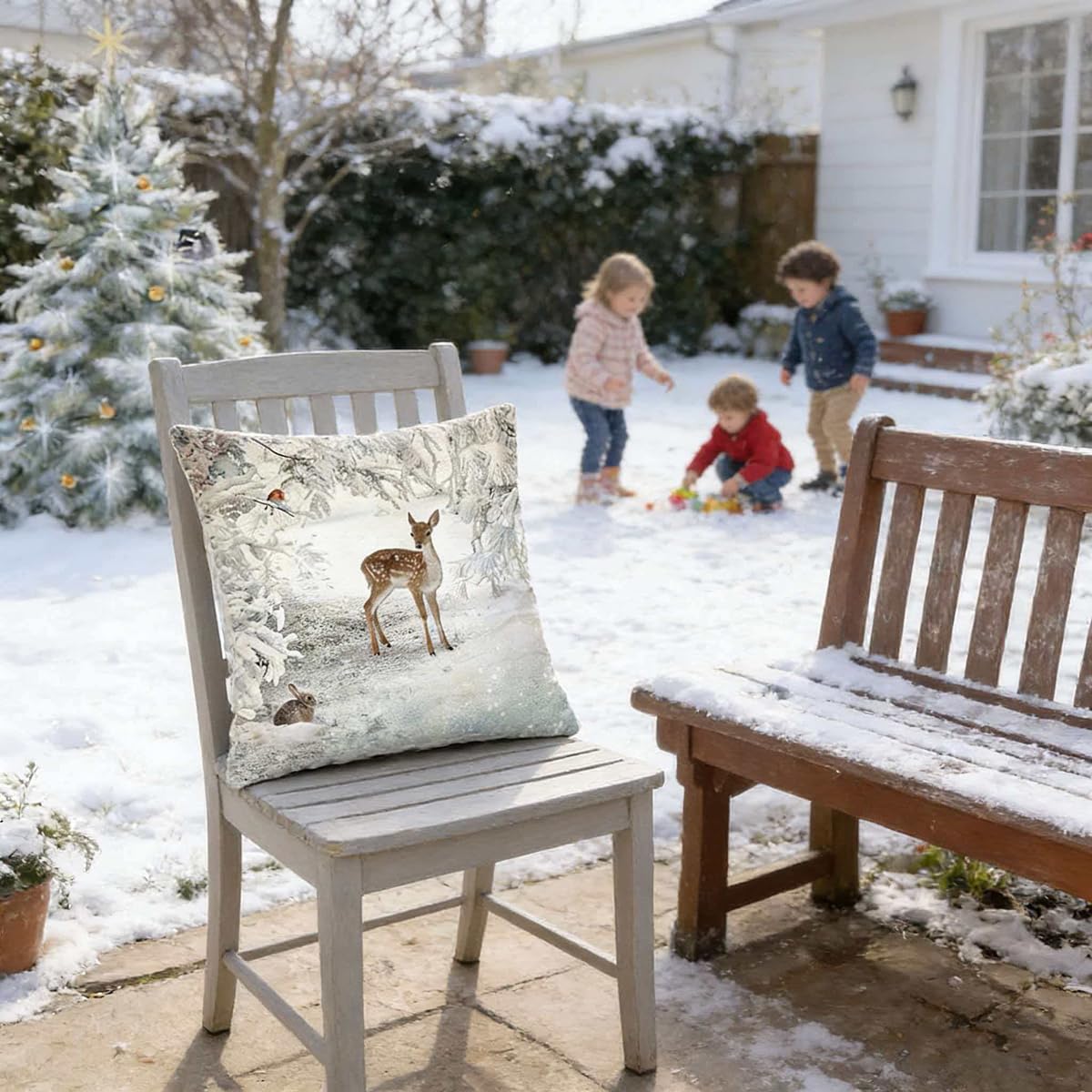 Animals Throw Pillow Cover Christmas - 18 x 18 Inch Pet Snowman Vase Deer Dog Rabbit Bird Xmas Tree Pillow Case - Set of 4 Square Winter Snowfield Pillowslip, Great for Sofa, Patio, bedroom Decor