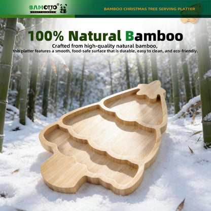 BAMOTTO CRAFTBAMBOO Bamboo Christmas Tree Serving Platter - 13.5"x8.8" Large Kids Snack Plate, Food Safe Charcuterie Board for Christmas Thanksgiving, Divided Tray for Fruit, Dessert, Baby Food