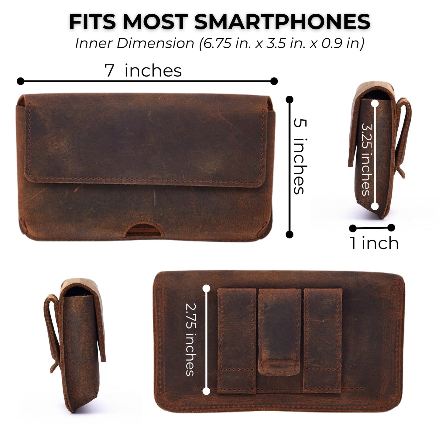 Genuine Leather Horizontal Phone Holster for Men, Horizontal Cell Phone Holder for Belt w/Magnet Closures, Handcrafted Cellphone Case for iPhone and Smartphones