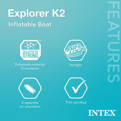 Intex 2-Person Inflatable Kayak Set w/ Pump, Aluminum Oars, Adjustable Seats, Explorer K2 - Tandem Blow-up Raft for Adults, Great for Lakes or Rivers