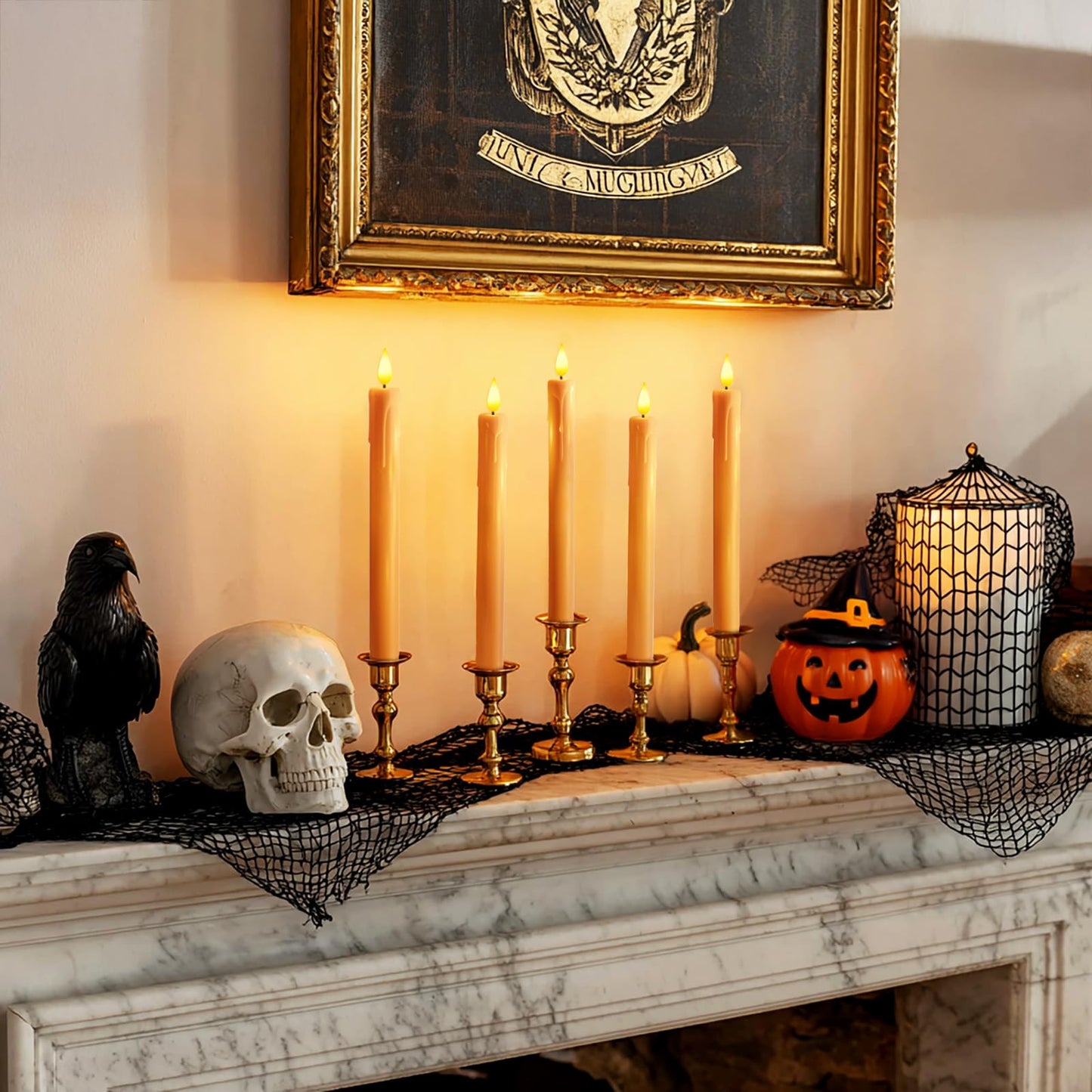 Homemory 6 Pcs Orange Flameless Taper Candles with Remote, Timer, Dimmer, Battery Operated CandleSticks with Flickering Light, Plastic Led Window Candles, for Halloween Decoration 9.6 Inches