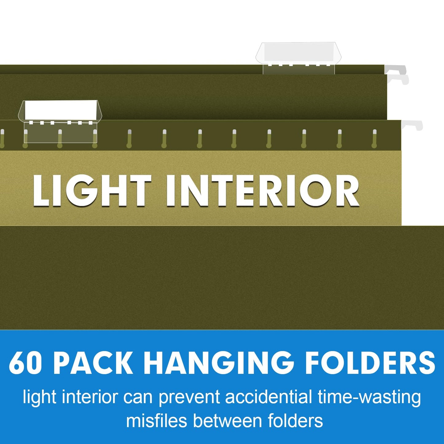 Hanging File Folders, RAZCC 60 Pack Reinforced Hanging Folders Letter Size, Designed for Bulky Files, Filing Cabinet, Adjustable Tabs, Green