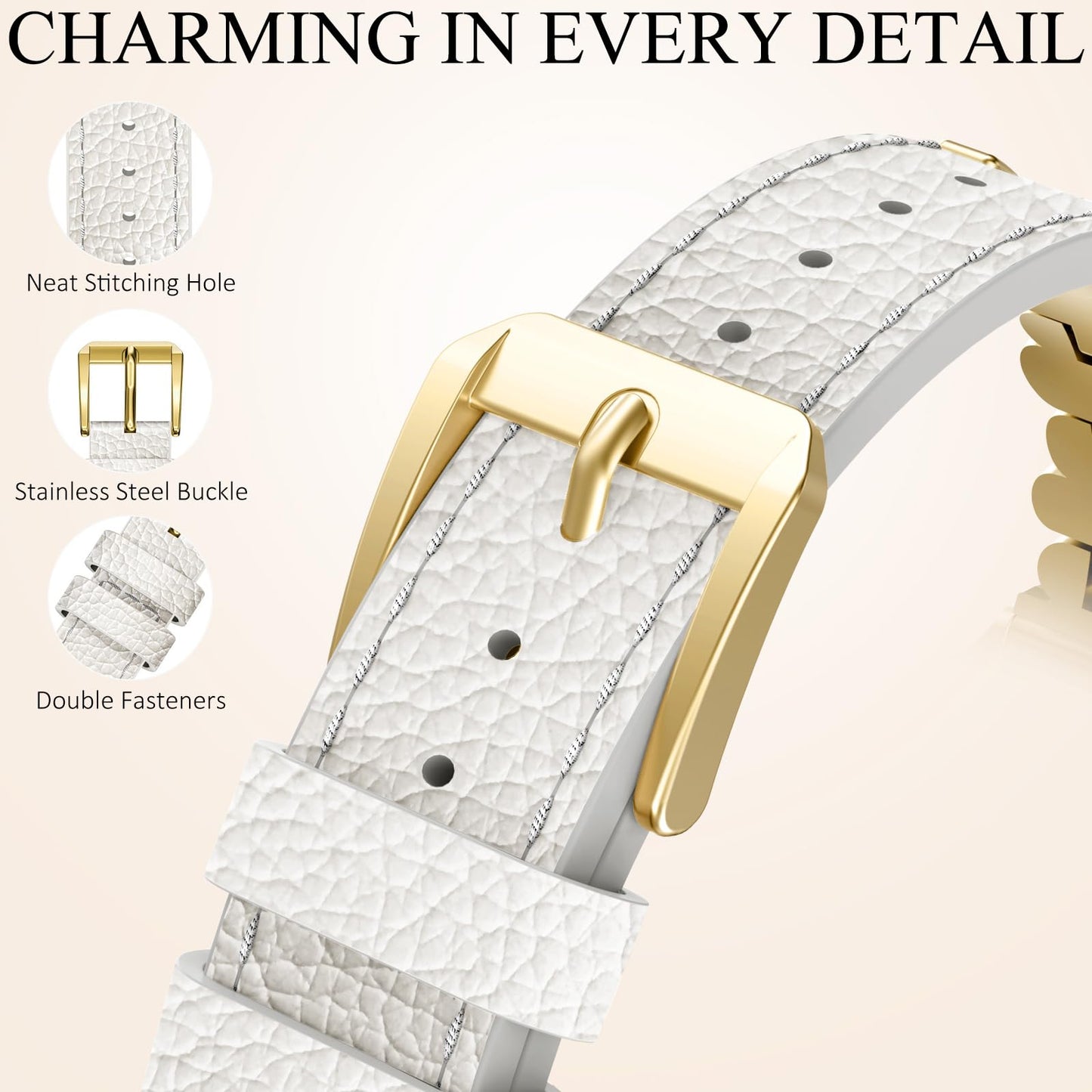 WINGLE Leather Band Compatible for Gold Apple Watch Band Women 46mm 45mm 44mm 42mm Series 11 10 9 8 7 6 5 4 SE 3 2 1 Luxury Dressy Slim Elegant Leather Metal Chain Strap Bling Link Bracelet,Gold/White
