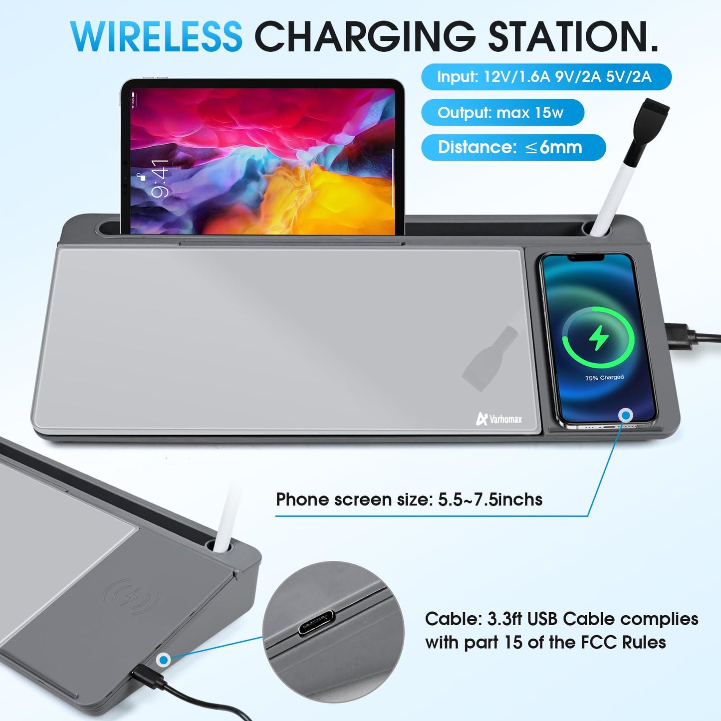 Varhomax Glass Desk Whiteboard with Wireless Charger, Desktop Dry Erase White Board with Storage, to Do List Memo Notepad for Home and Office (Gray)