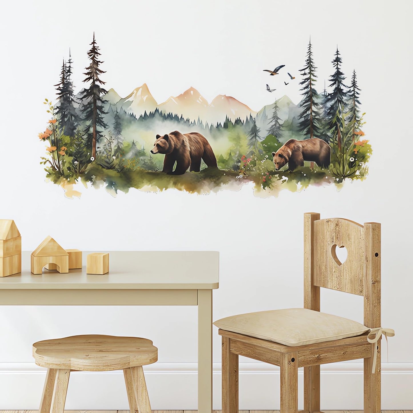 Brown Bear Dream Forest Wall Stickers, sacinora Cartoon Wild Jungle Animal Wall Decals Removable Vinyl Peel and Stick for Living Room Bedroom Nursery Sofa TV Background Art Home Decorations