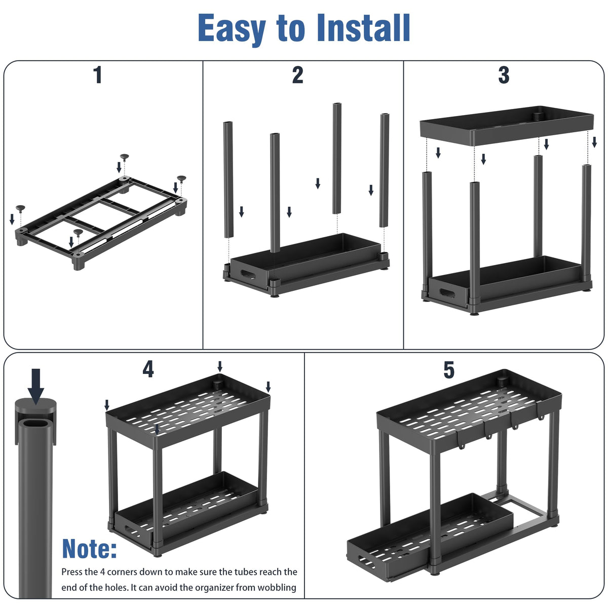 2PC Under Sink Organizer Rack 2 Tier Under Sliding Cabinet Basket Organizer Drawer with 4 Hooks, Multi-purpose Under Sink Storage for Bathroom Kitchen Desktop（Black）