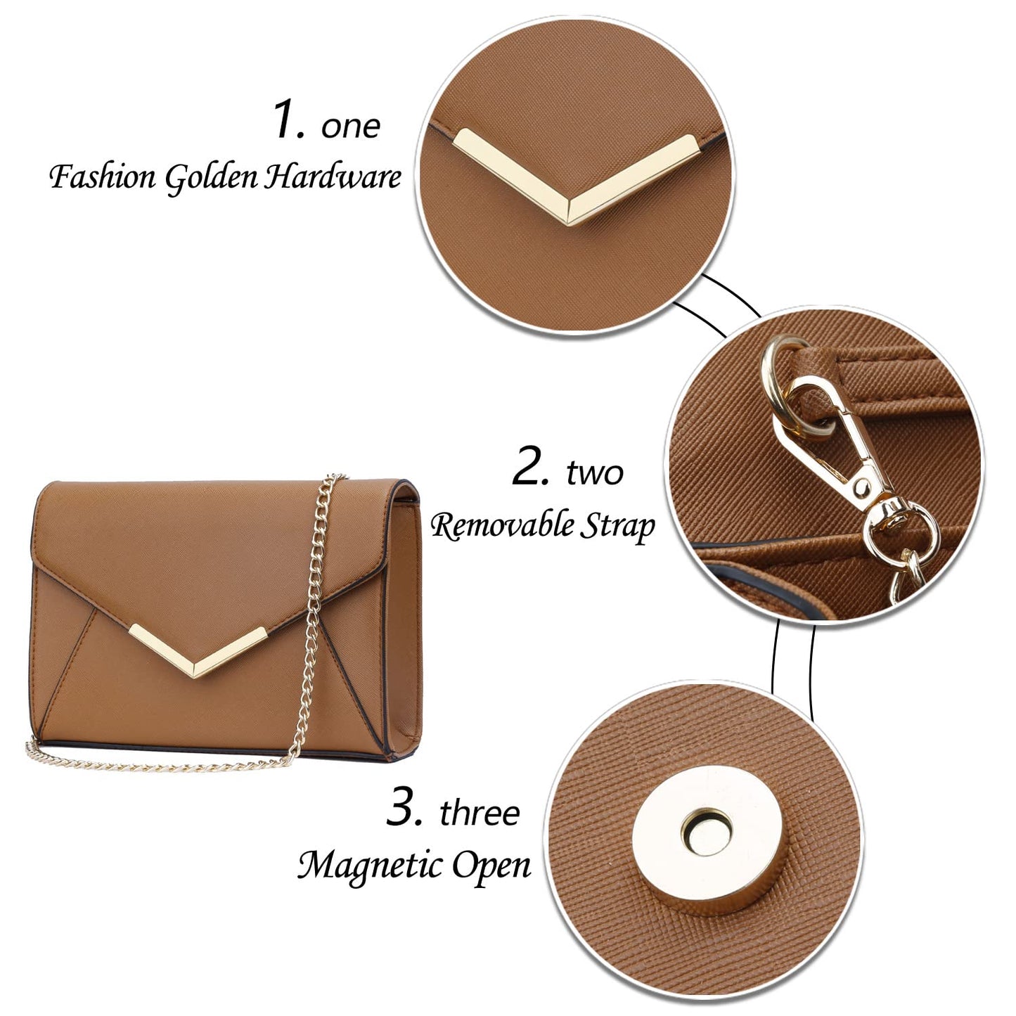 KKXIU Women Elegant Faux Leather Evening Envelope Clutch Purse Foldover Bags for Party Wedding Prom (A-Brown)
