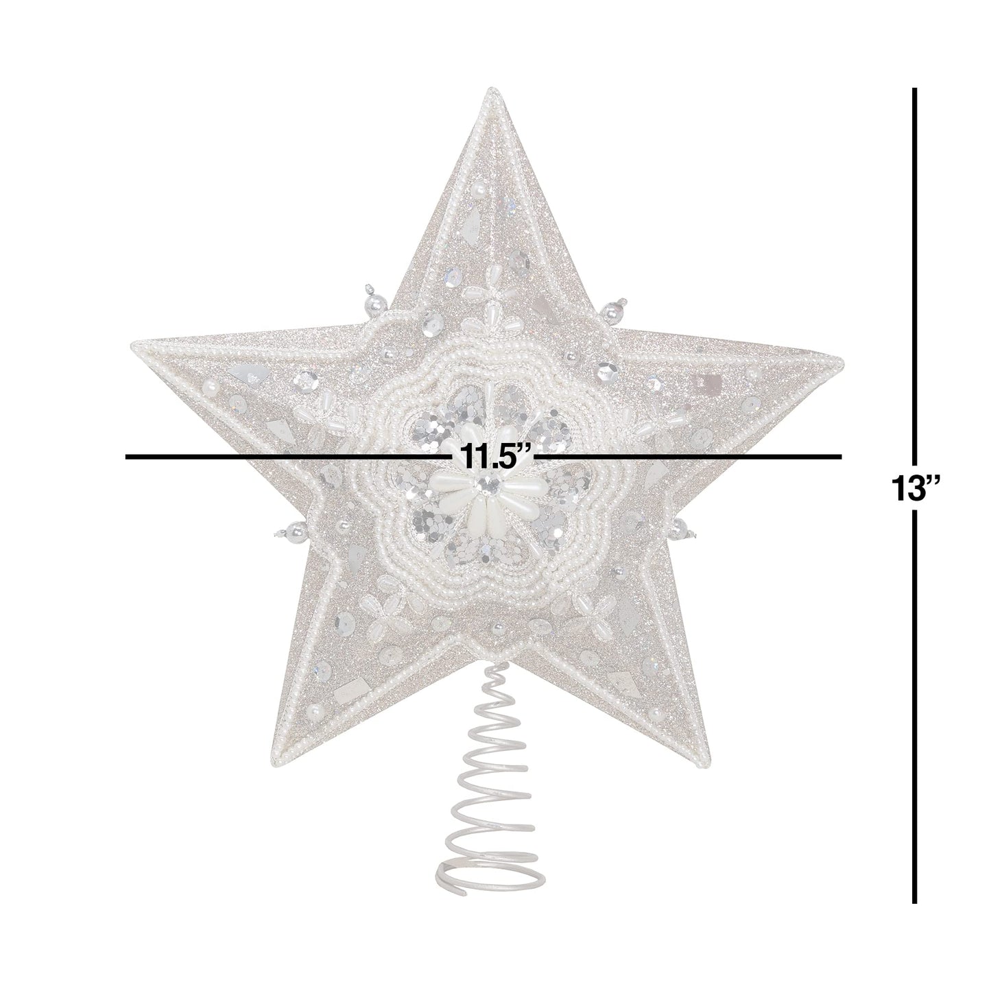Kurt Adler Star Treetop with Ivory Pearls and Platinum Glass Glitter, 13.5-Inch