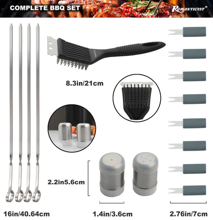ROMANTICIST 20pc Heavy Duty BBQ Grill Tool Set in Case - The Very Best Grill Gift for Father's Day and Christmas - Professional BBQ Accessories Set for Outdoor Cooking Camping Grilling Smoking, Grey