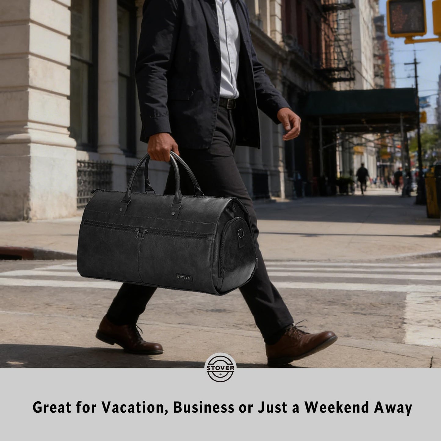 STOVER Garment Travel Duffle Bag, Large 2-in-1 Convertible Carry-on Luggage for Men & Women- Hanging Suits, Dresses & Clothes + Shoe Compartment- Weekender Tote Combo Duffel (Black Leatherette)