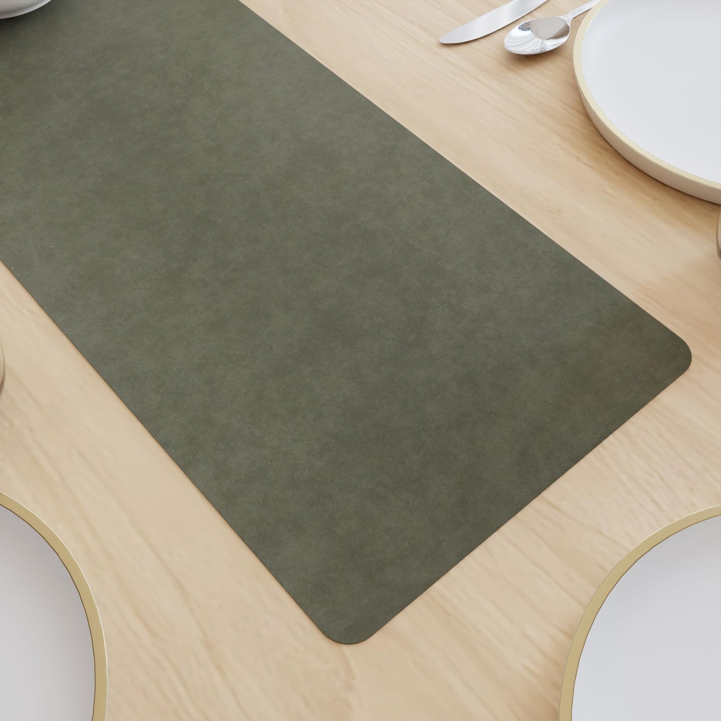 Encasa XO Dual Sided Leather Olive Table Runner with Suede Top | Heat & Water Resistant, Non-Slip, Wipeable & Durable Dining & Kitchen Table Decor | 12"x33"