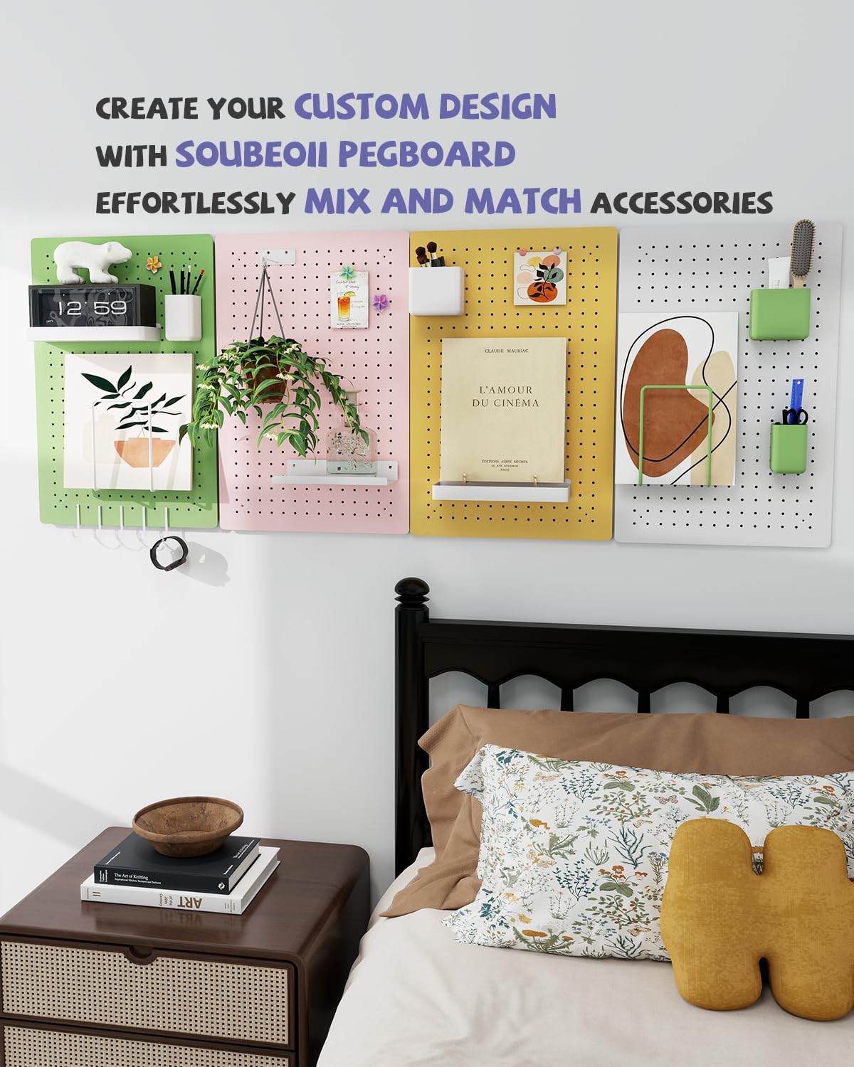 Soubeoii Metal Pegboard Kit — Carbon Steel Pegboards with 26 Accessories, Pegboard Wall Organizer for Home, Office, Study Room, Kitchen, Craft Room & Gaming Setup— 24″ × 16″ Green Peg Board