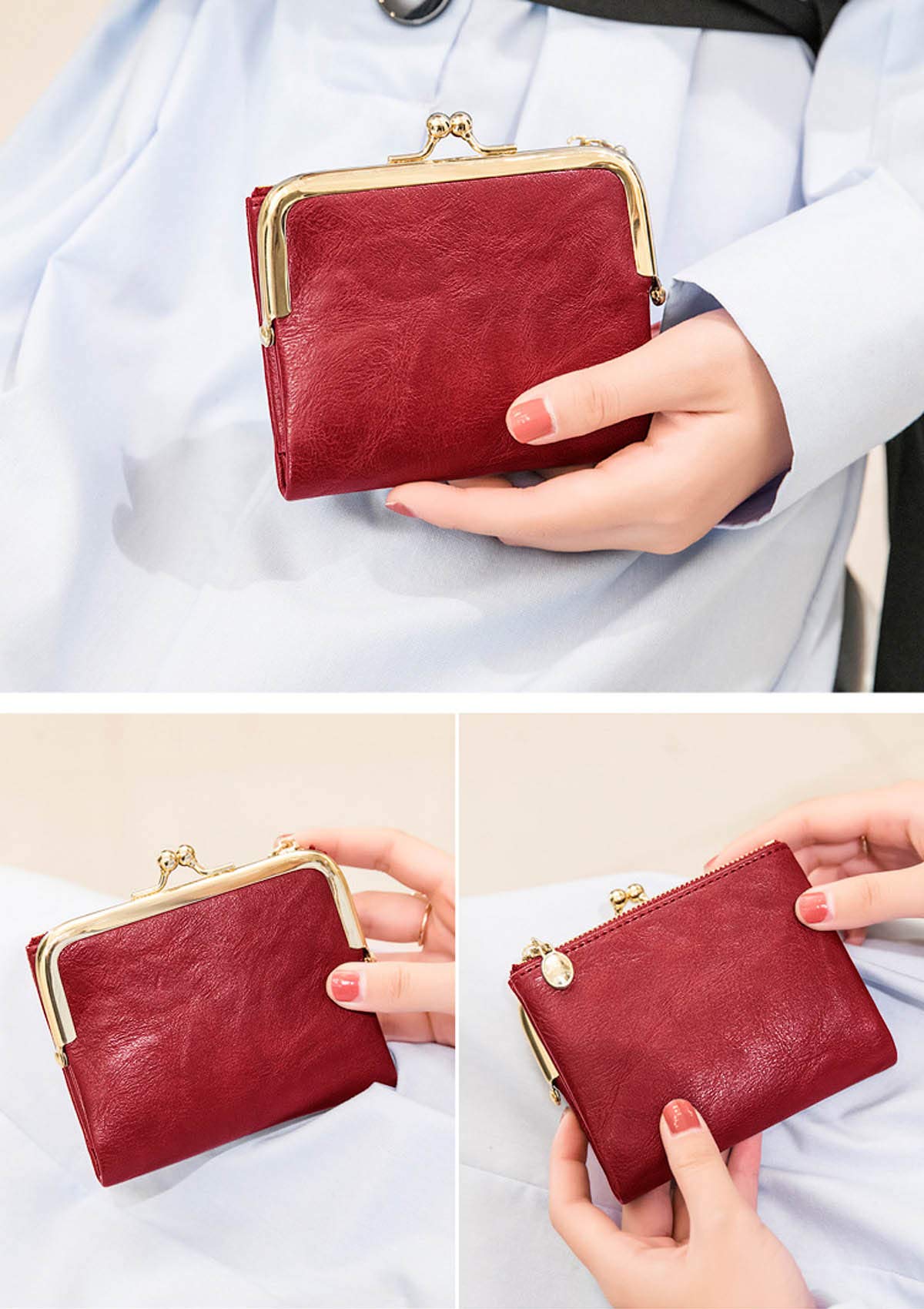 PofeeXIO Womens Wallet RFID Small Compact Bifold Leather Vintage Wallet,Ladies Coin Purse with Zipper and Kiss Lock (Red)
