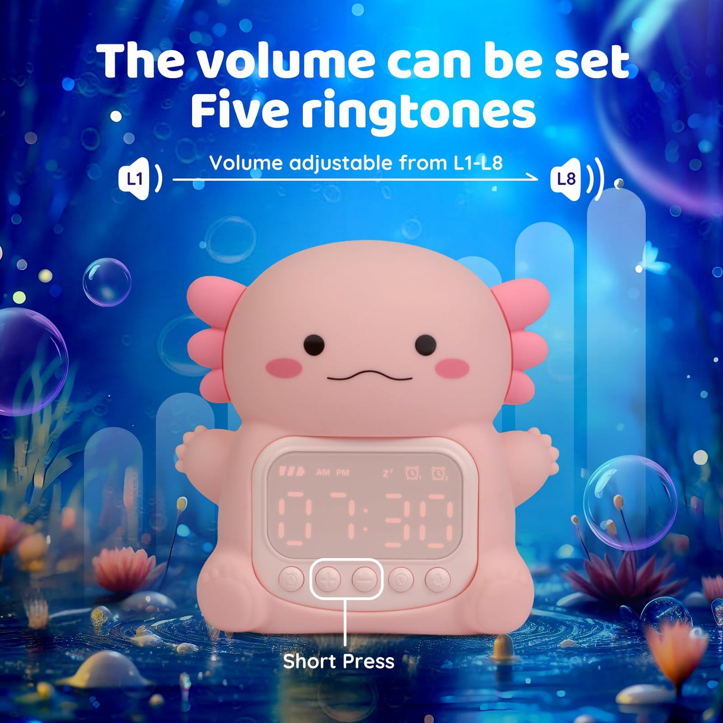 Aokpsrt Axolotl Alarm Clock with Night Light for Kids, Rechargeable Silicone Lamp Time to Wake Clock，Cute Animal Tabletop Lamp, Perfect Sleep Companion for Boys Girls