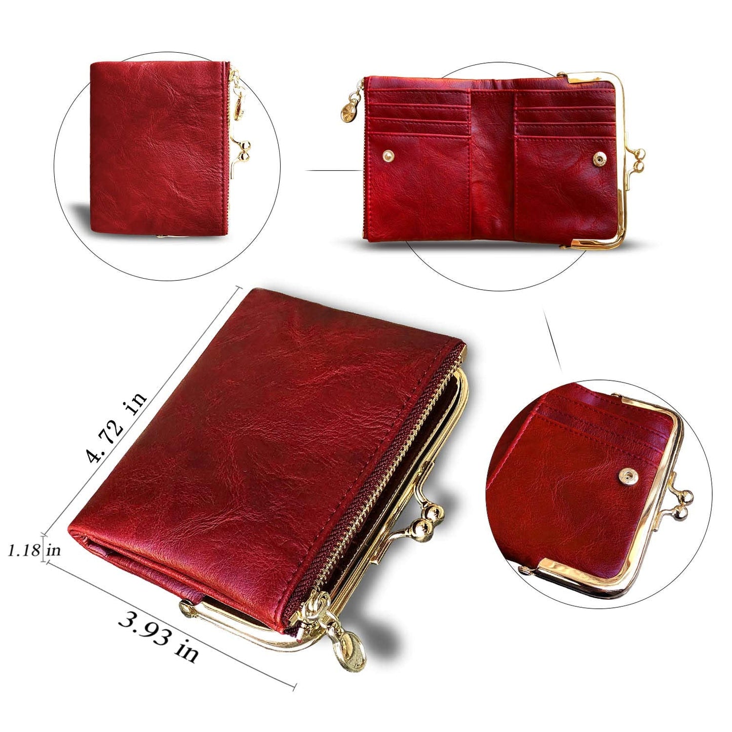 PofeeXIO Womens Wallet RFID Small Compact Bifold Leather Vintage Wallet,Ladies Coin Purse with Zipper and Kiss Lock (Red)