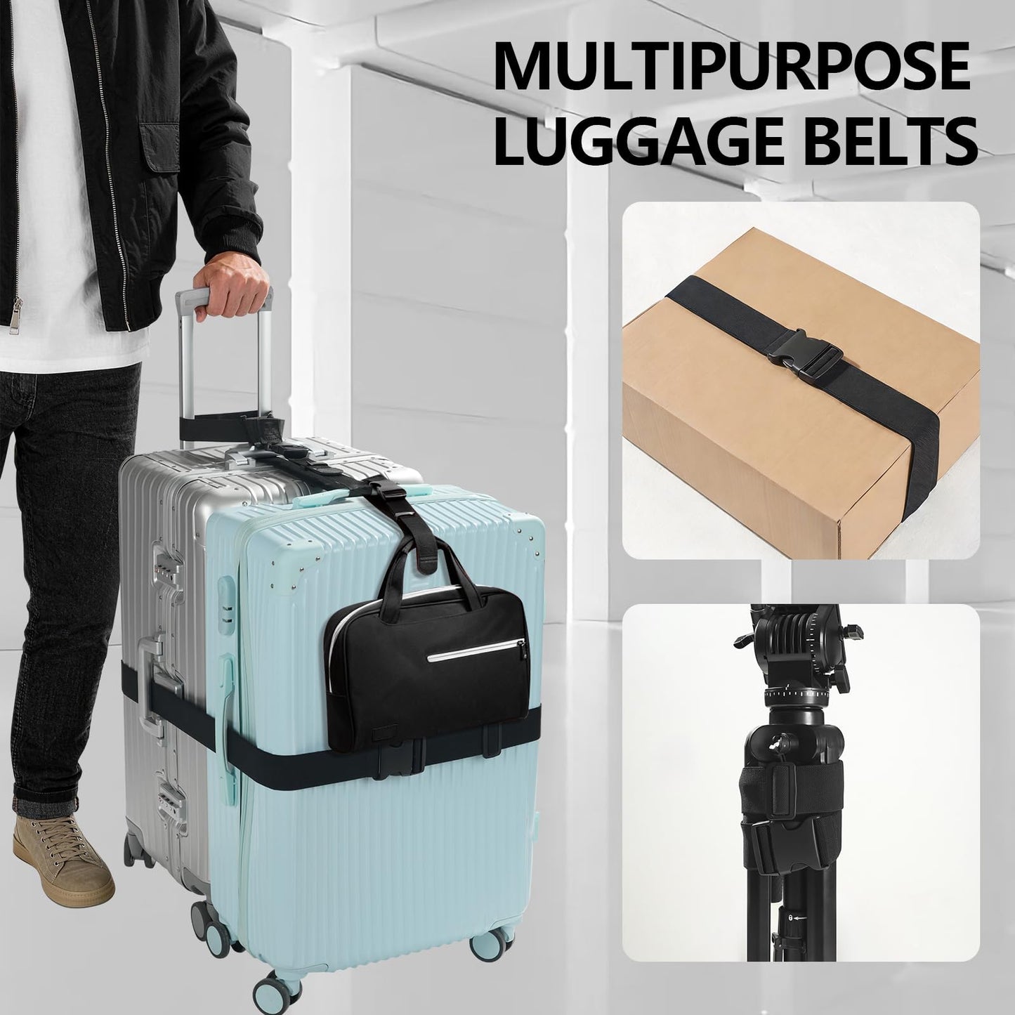 3 Packs Luggage Straps for Suitcases, 2 Luggage Connector Straps & Elastic Strap, Connect Up to 4 Suitcases ＆ Add a Bag, Heavy Duty Adjustable Travel Belt for 20-32 Inch Luggage, Black