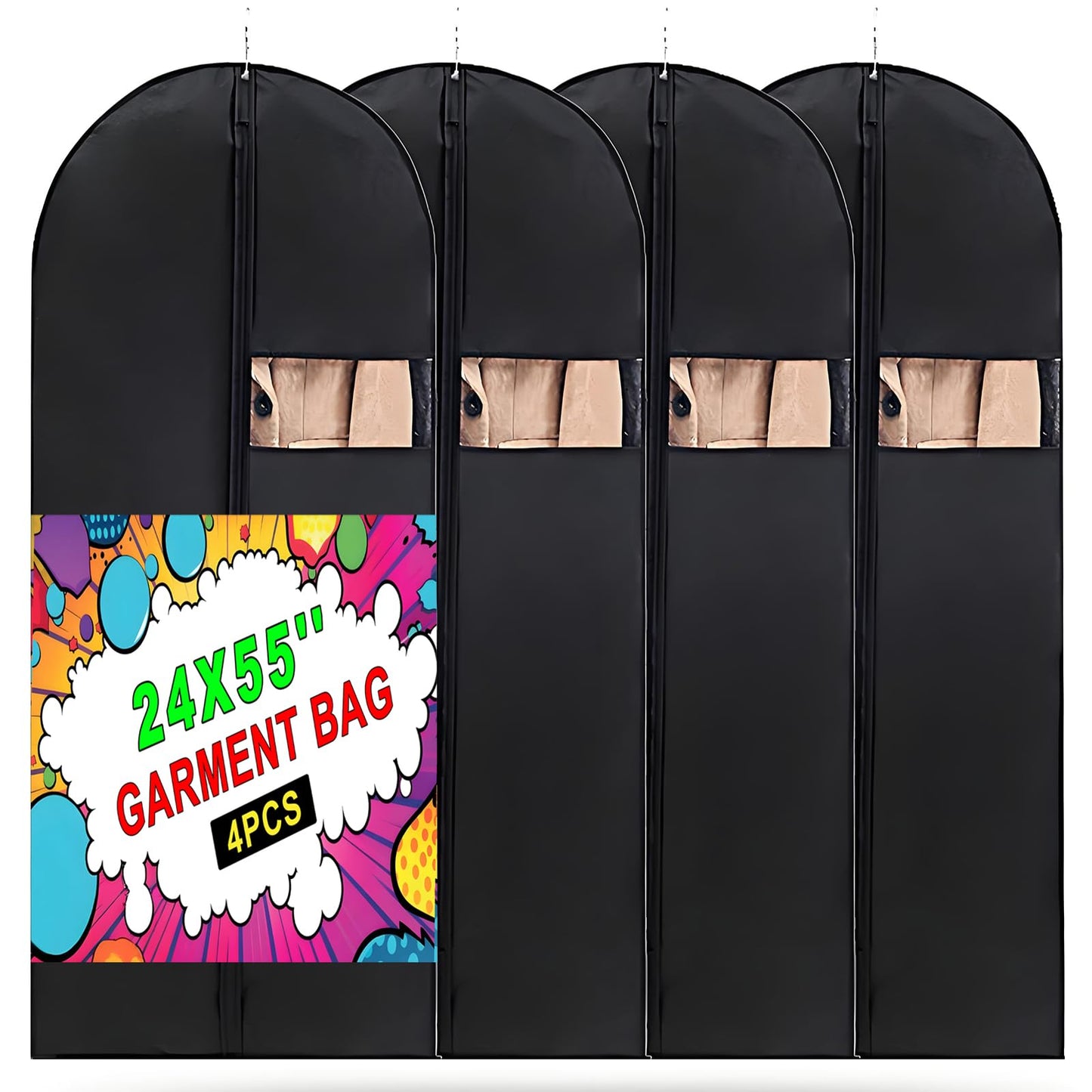 DOTUHAO Garment Bag, 24'' x 55'' Suit Bag, 4 Packs, Dress Bags for Gowns, Garment Bags for Travel, Travel Garment Bag, Garment Bags for Hanging Clothes, Washable Suit Cover for Suits, Coats (Black)