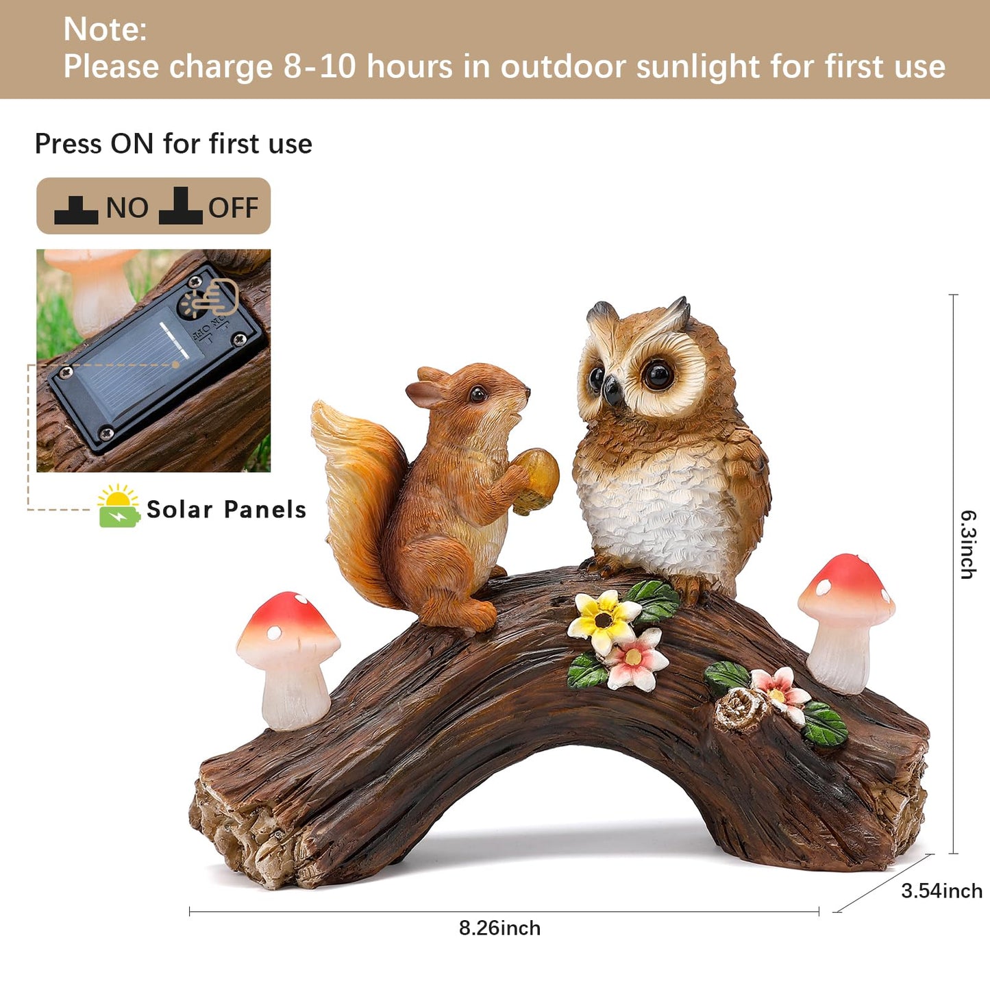 WONDHOME Solar Owl Garden Statues Outdoor Decor Resin Owl Squirrel Figurine with Mushroom Lights for Patio Lawn Yard Decorations Christmas Birthday Housewarming Gardening Gifts for Women Mom