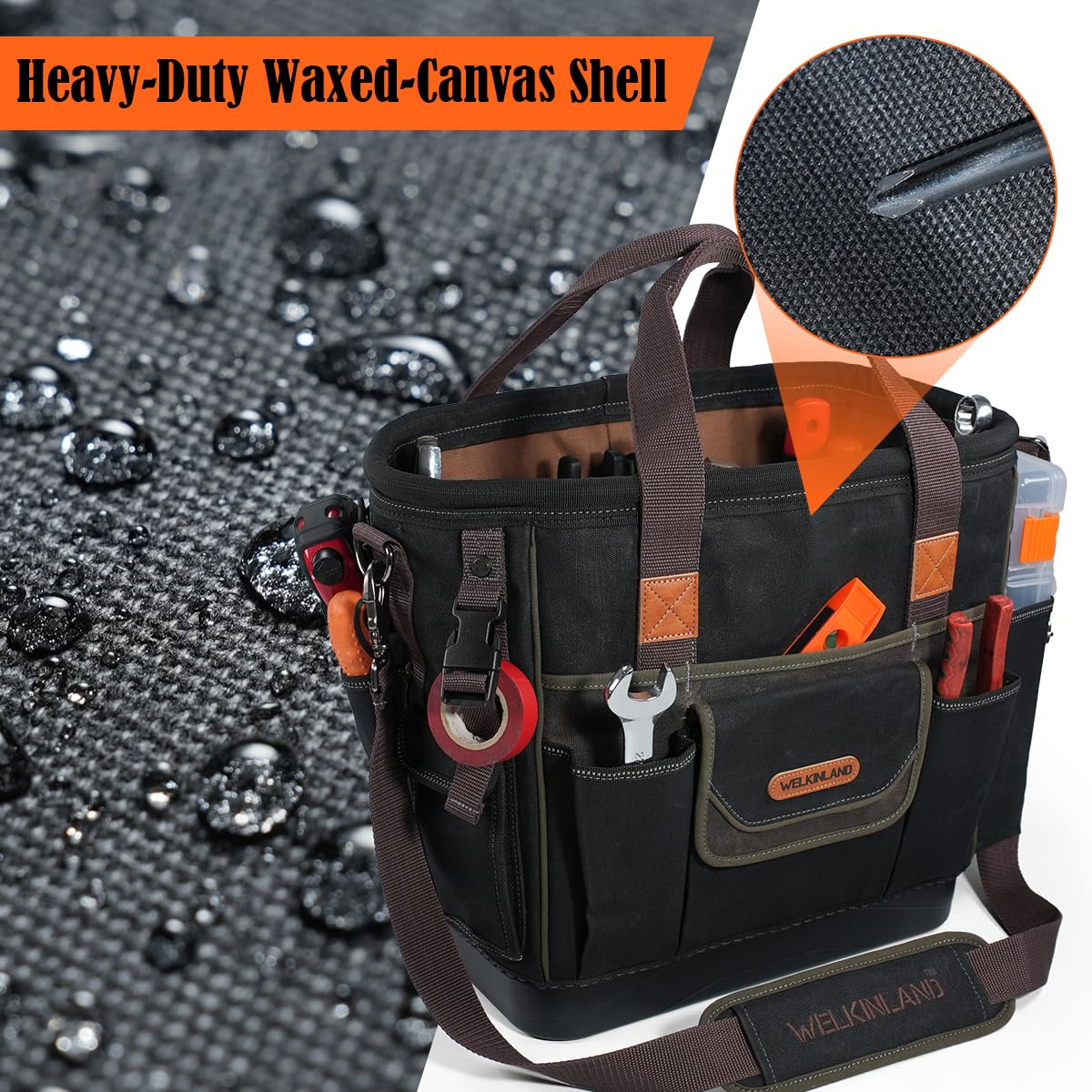 WELKINLAND 50-Pocket Electrician Tool Tote, Large Hard Bottom Tool Bag, Waxed-Canvas Tool Tote For Electrician, Heavy-Duty HVAC Service Bag, Easy-Access Open Top Tool Bag, Stay-Up Technician Tools Bag