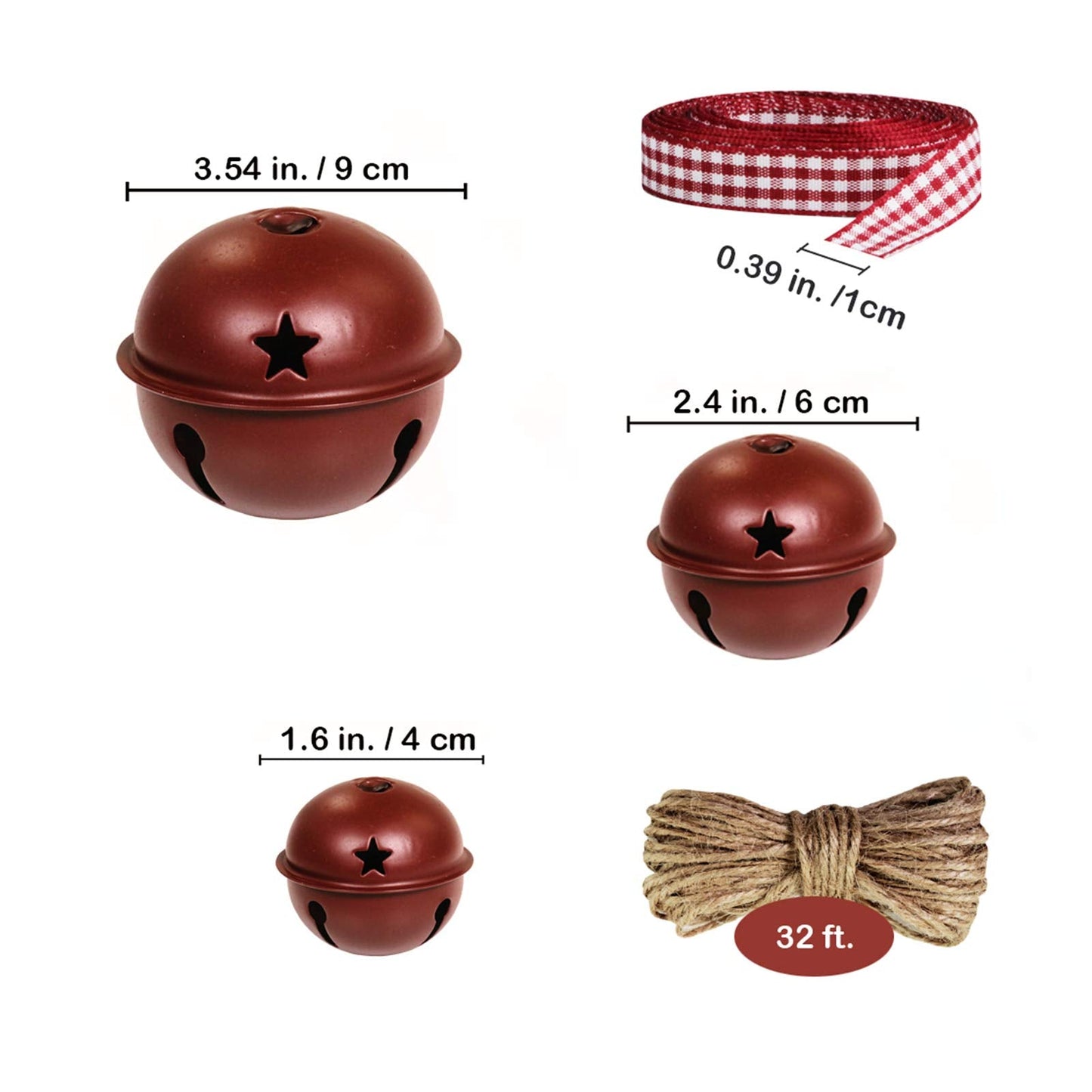 Winlyn 30 Pcs Christmas Metal Sleigh Bells Rustic Burgundy Jingle Bells with Star Cutouts Rustic Craft Bells 1.6" 2.4" 3.5" for Christmas Tree Wreath Garland Ornaments Holiday DIY Decorations
