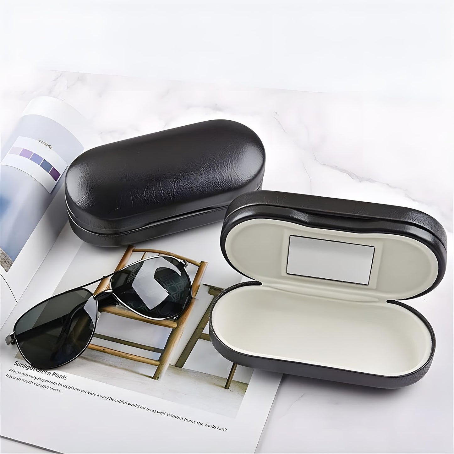 Eyeglass Case, Double Glasses Case Black Leather Eyeglass Box Cases Sunglasses Holder Box Portable Organizer for Men Women(Not Suitable for Oversized Glasses)