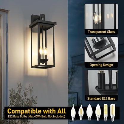 tewei 1 Pack Large Size Outdoor Wall Lights Exterior Wall Light Fixture, 22 Inch Matte Black Porch Light Waterproof Outdoor Lights for House with Clear Glass Shade, Exterior Wall Sconces for Garage