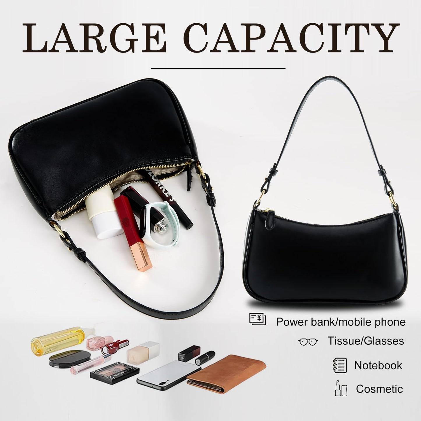 Shoulder Bags for Women Leather Hobo Sling Tote Handbag Retro Clutch Purse with 2 Removable Straps and Zipper Closure (black)