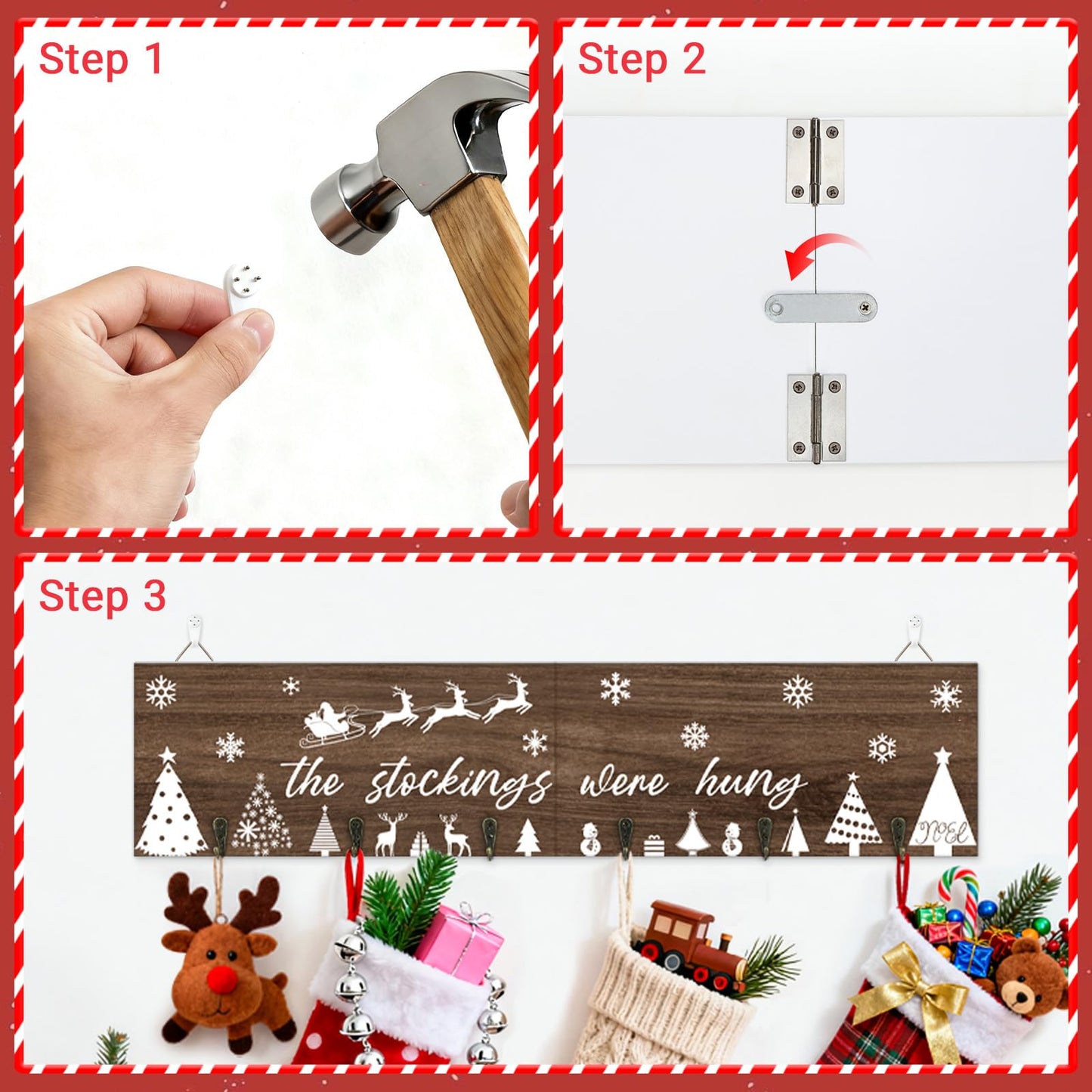 LIKAJON Wooden Christmas Stocking Holder for Wall, 24.8 Inches Xmas Stocking Hangers for Wall, The Stocking were Hung Wood Hanging Sign with 6 Hangers for Christmas Fireplace Mantel Decorations