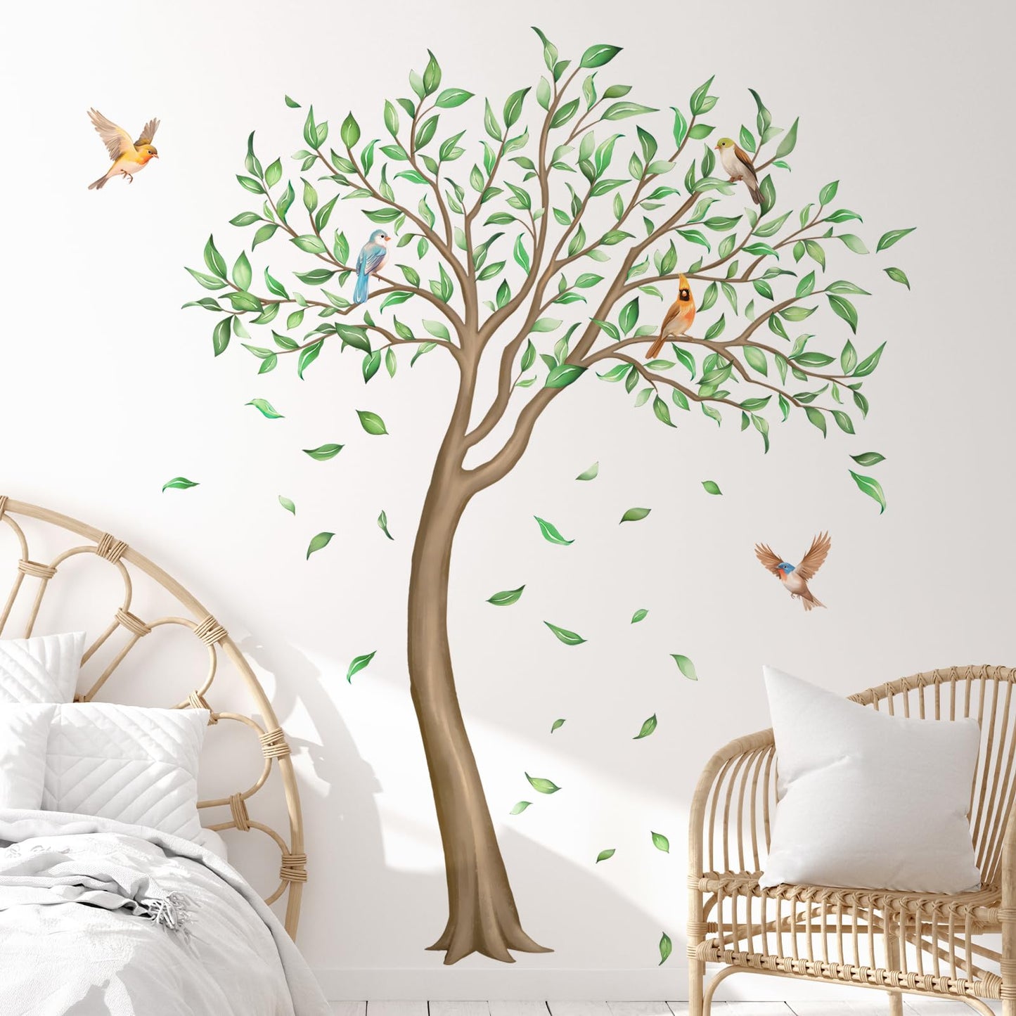 Large Green Tree Wall Decals, Falling Leaves Birds Wall Stickers Vinyl Peel and Stick Wall Decal Self Adhesive Wall Art Sticker for Aisle Bedroom Office Sofa Backdrop Wall Home Decor (W56.7 * H65.4in)