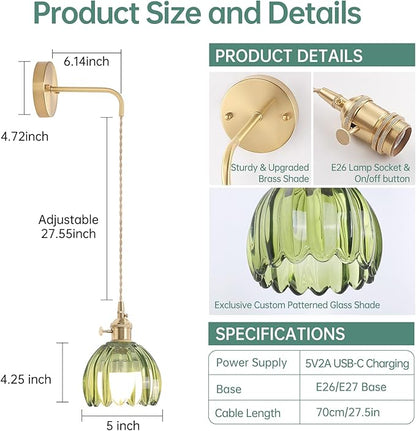 Battery Operated Wall Sconce with Green Tulip Shade Pattern Glass Adjustable Chain Retro Gold Wall Mounted Light, Modern Wall Decor for Bedside Bedroom Indoor Doorway， Set of 2