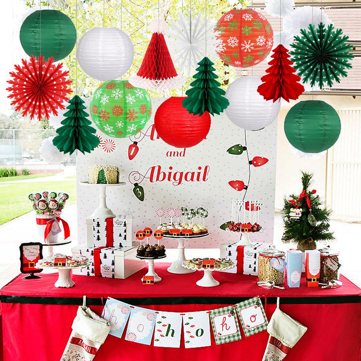 Christmas Party Decorations Paper Lanterns Honeycomb Santa Hat Tree Paper Fans for Christmas Birthday Party New Year Holiday Wall Home Decor