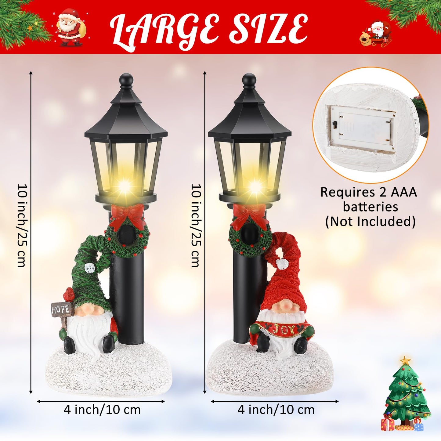GlikCeil 2 Pcs Christmas Gnome Decorations 10" Resin Christmas Lighted Gnomes Figurines Table Decor Xmas Battery Operated Mini Street Statue for Home Fireplace Shelf