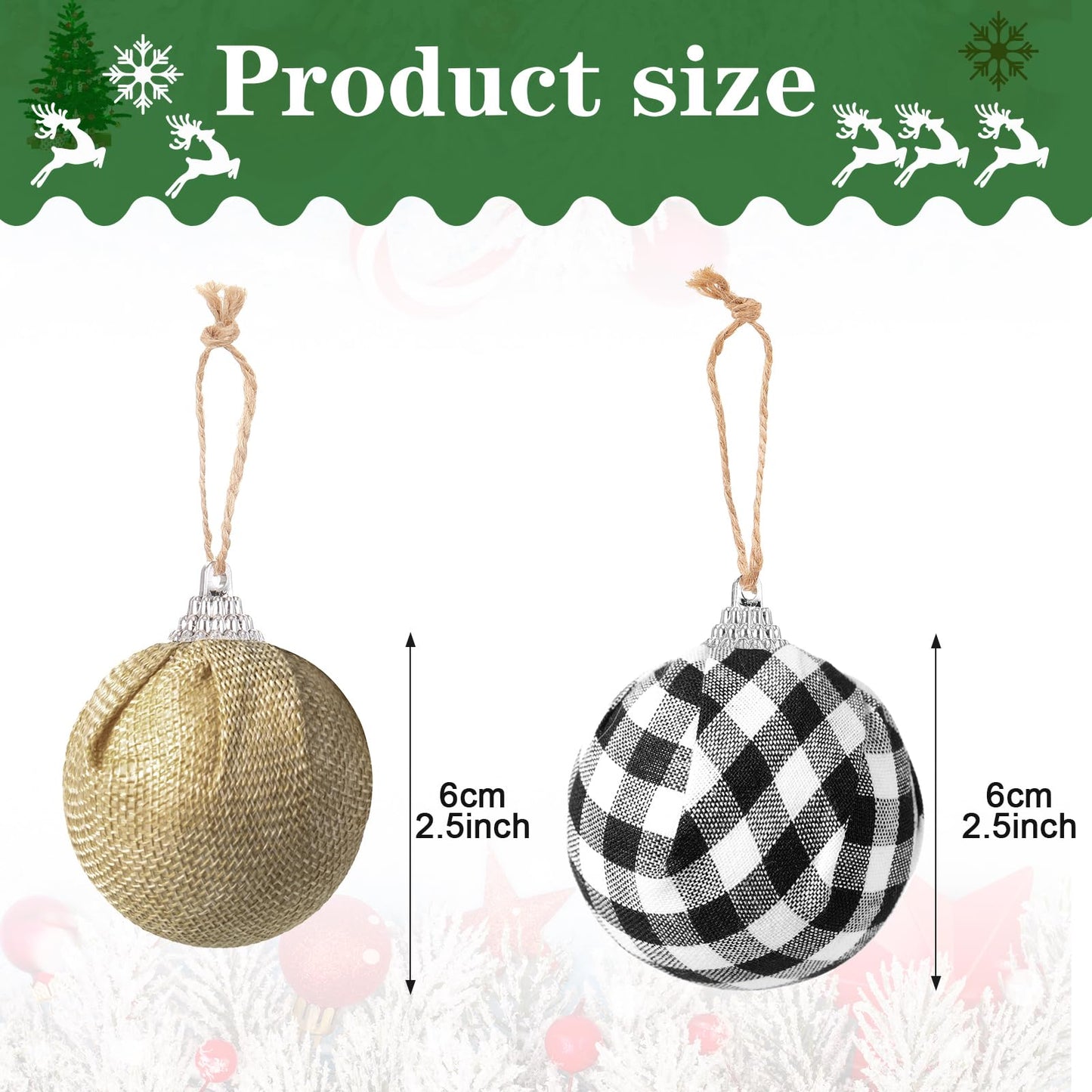 Sratte 20 Pcs Rustic Christmas Tree Ornaments Set 2.5" Hanging Burlap Plaid Ball 3.1"-6" Red/White Black Buffalo Check Ball for Farmhouse Christmas Ornaments Country Xmas Decorations (White,Black)