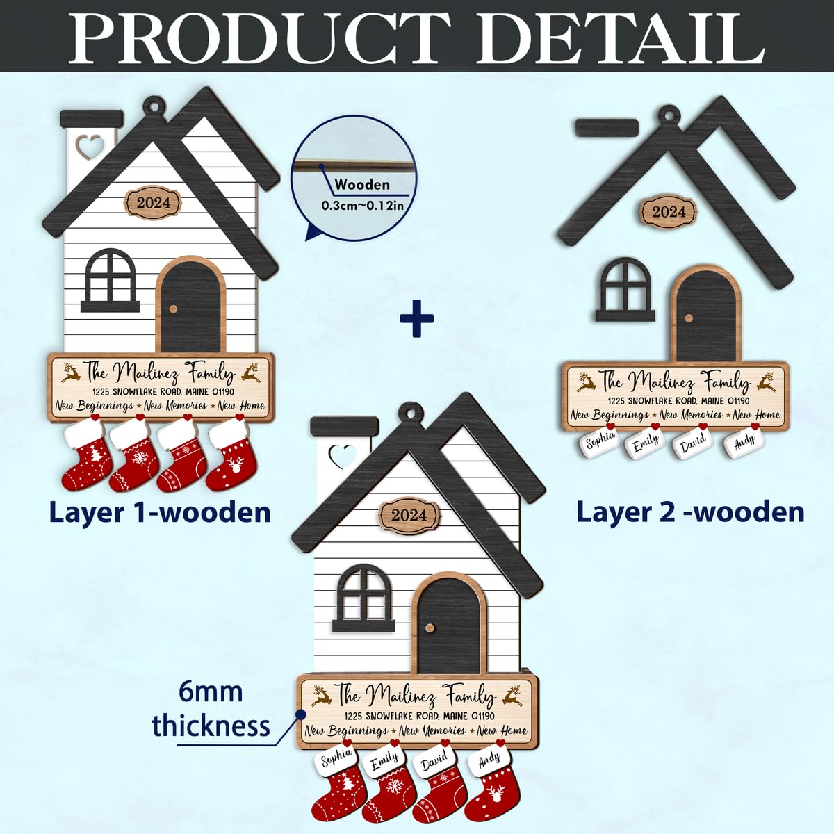 Fastpeace Personalized Christmas 2025 New Home Ornament – 2 Layer Wooden Family of 2/3/4/5/6/7/8/9/10 Members with Custom Names, Address, and Year House Decoration – New Beginnings Holiday Keepsake