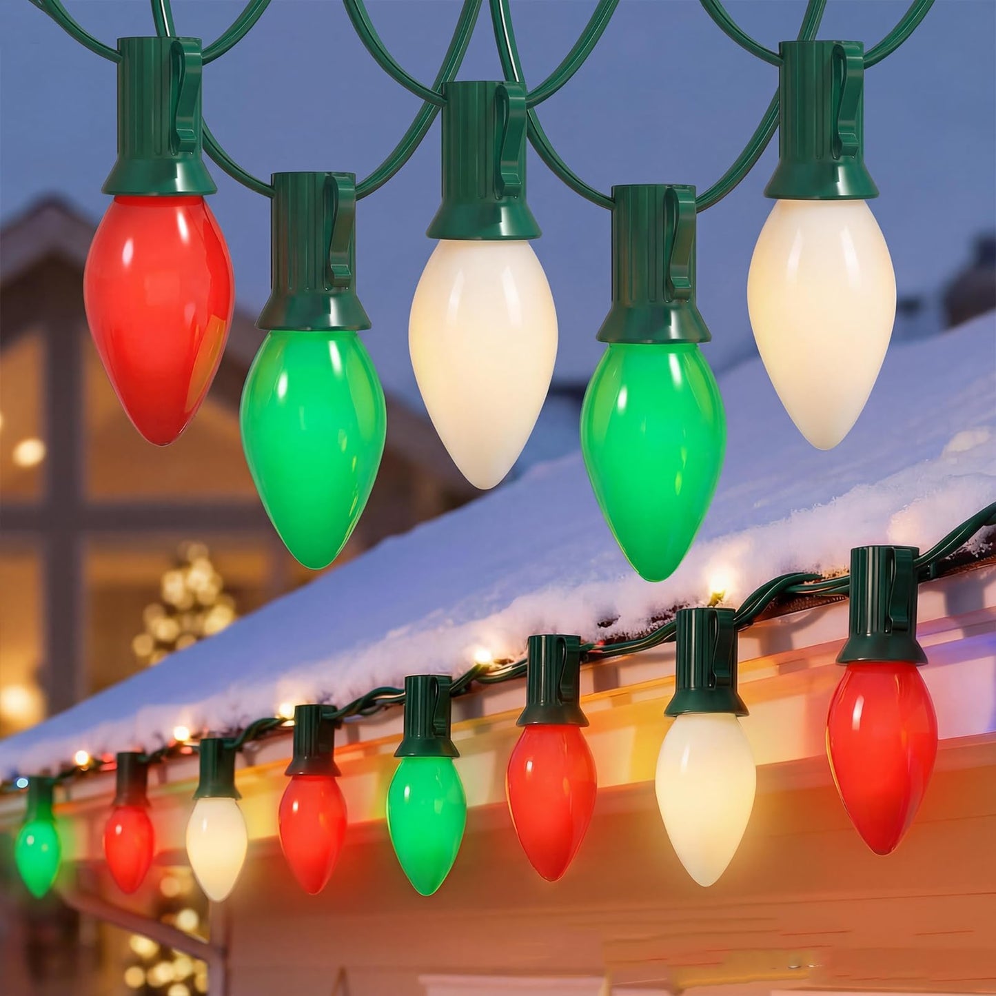 C7 LED Christmas Lights Outdoor - 25ft Red White and Green String Lights With 27 Ceramic Bulbs(2 Spare), Waterproof Commercial Grade Extendable for Indoor Outdoor Roofline Patio Yard Xmas Decor