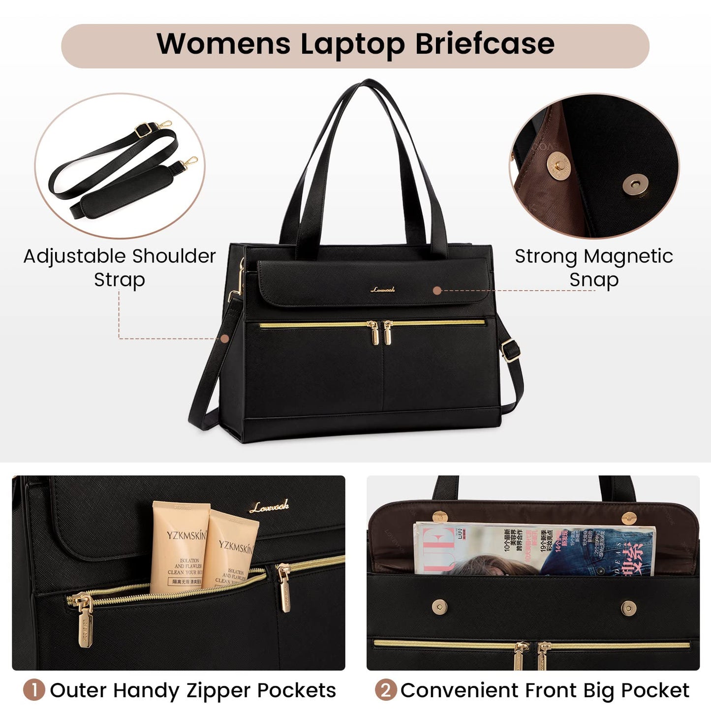 LOVEVOOK Laptop Tote for Women - 15.6 Inch Professional PU Leather Computer Briefcase, Waterproof Handbag, Large Capacity Business Teacher Office Bag, Crossbody Purse - Black