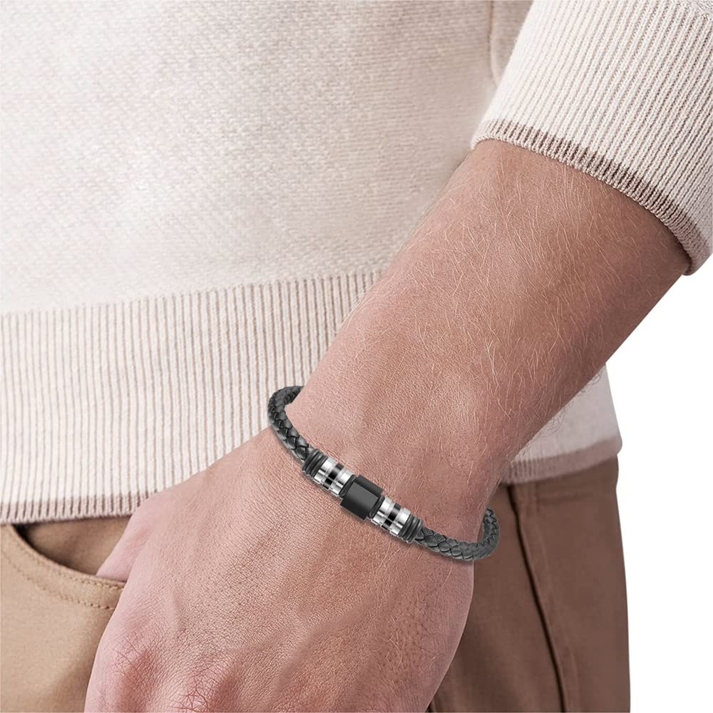 Van Heusen Men Braid Leather Bracelet with Stainless Steel Ornaments (Black, Stainless Steel)
