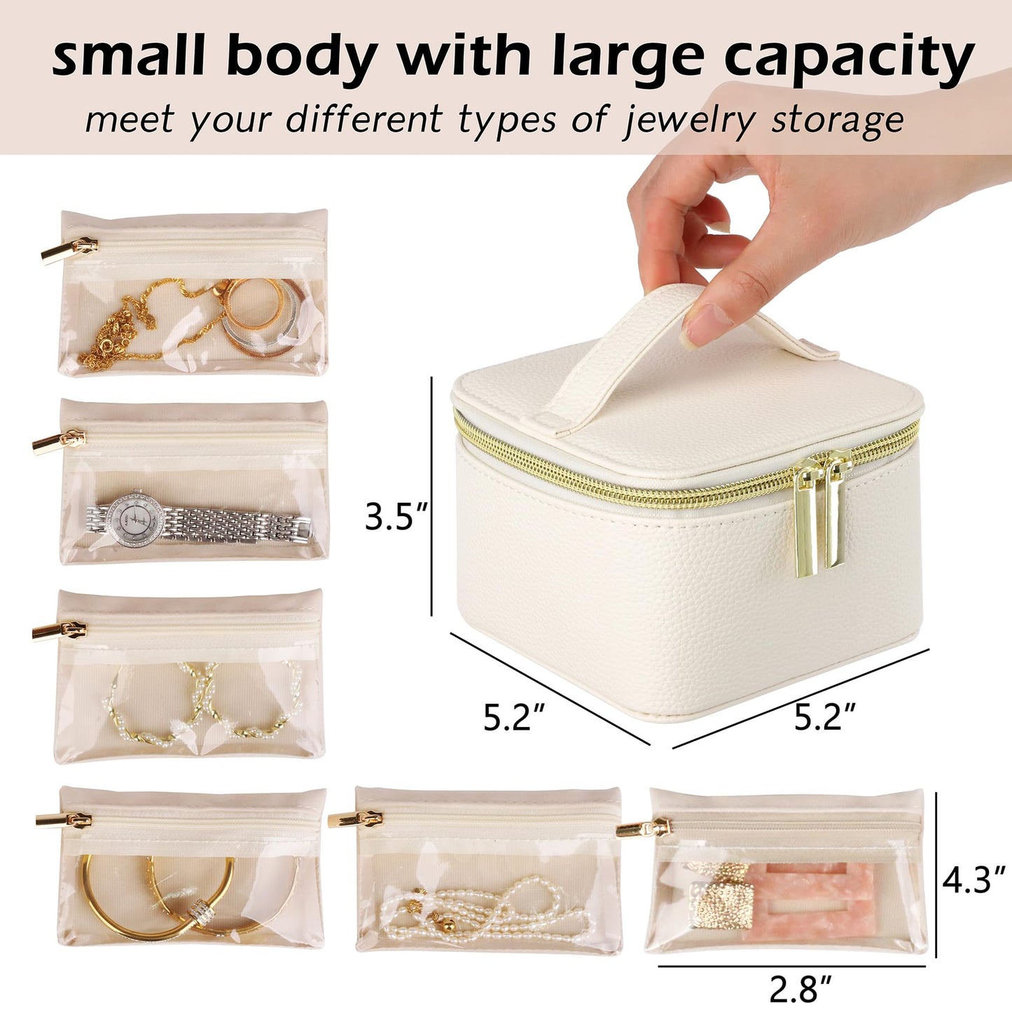 HofferRuffer Jewelry Box Organizer for Women Girls, Travel Jewelry Case with 6 Portable Zipper Bags, Jewelry Storage Ideal for Travel & Home Organization (6pcs-CreamWhite Faux Leather)